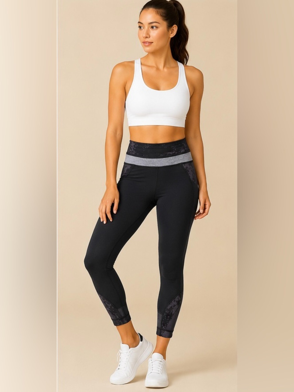 Lululemon Women’s Black Cropped Leggings Size 6 Gray Fold Over Waist Yoga Pants